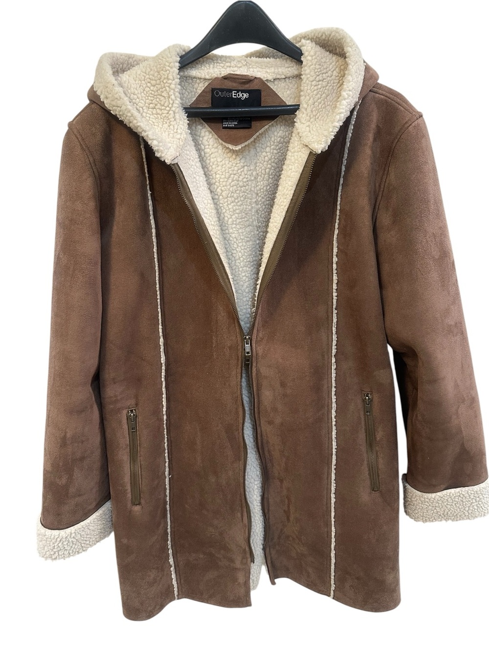 Outer Edge Y2K Faux Suede & Sherpa Lined Hooded Knee Length Coat Size Large - Picture 6 of 11